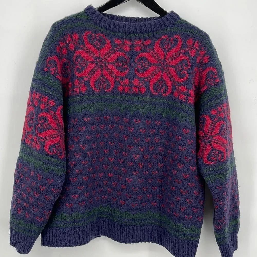Fair Isle Norsk Handstrikk Blue, Red, Green  Hand Knit Wool Pullover Sweater VTG